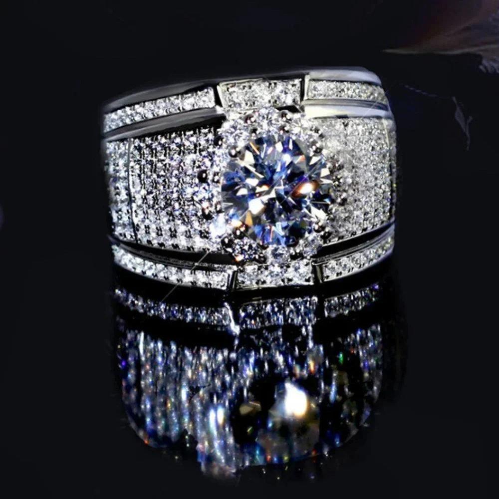 NEW Silver Round Halo Diamond Wide Wedding Band Ring - Picture 2 of 6